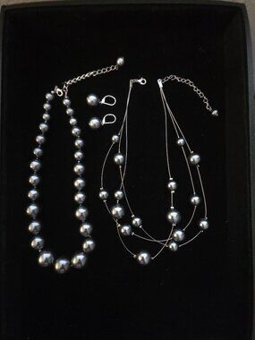 Gray Faux Pearl Necklace Set Layered + Stud Earrings Silver Tone